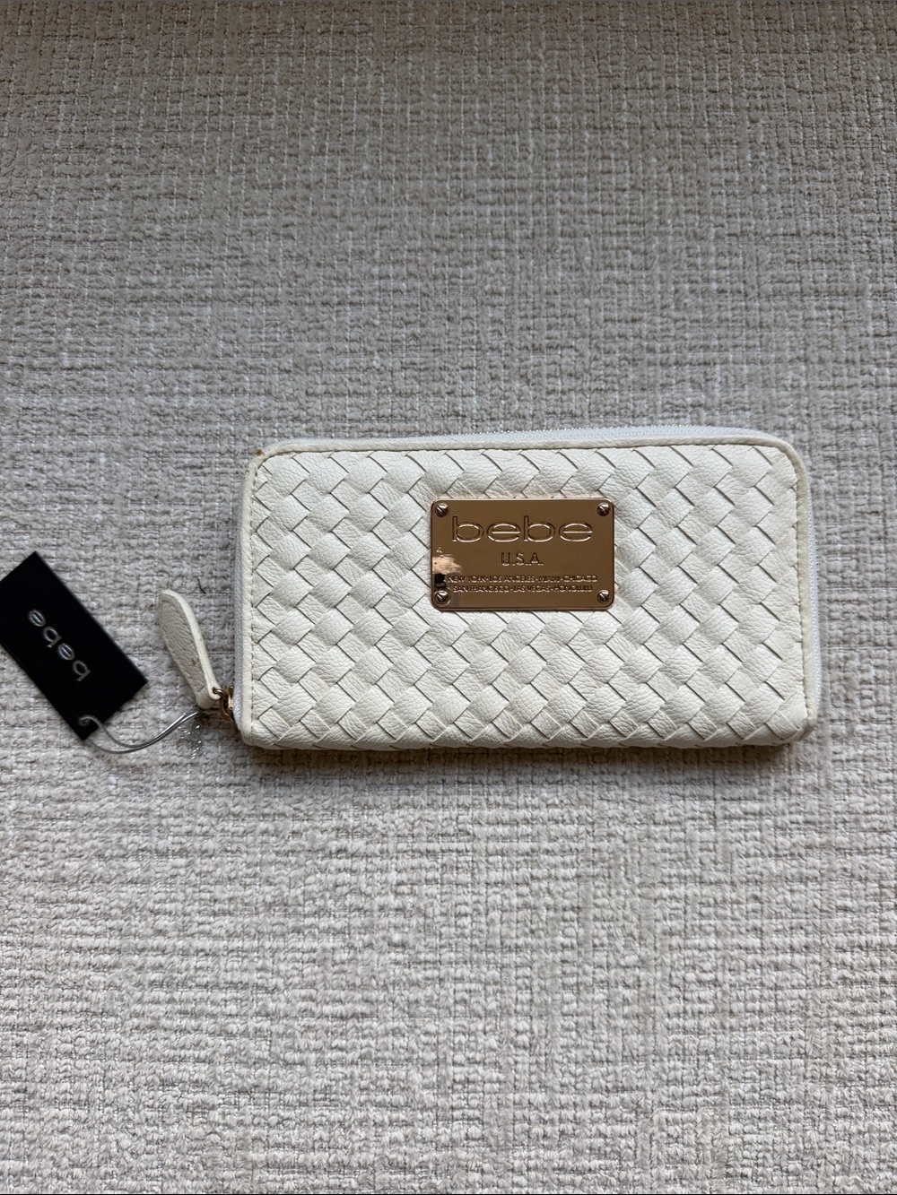 New bebe Cream Quilted Zip Wallet with Gold Plate